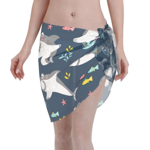 Bingfone Friendly Smiling Sharks Women's Sarong Swimsuit Cover Ups Bathing Suit Coverups Chiffon Beach Wrap Skirts