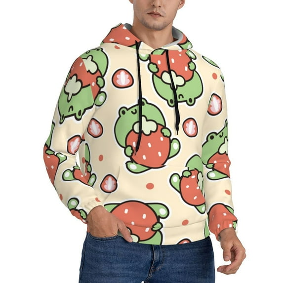 Bingfone Frog Hold Strawberry Men'S Drawstring Hoodie Long Sleeve Pocket Sweatshirts-Large