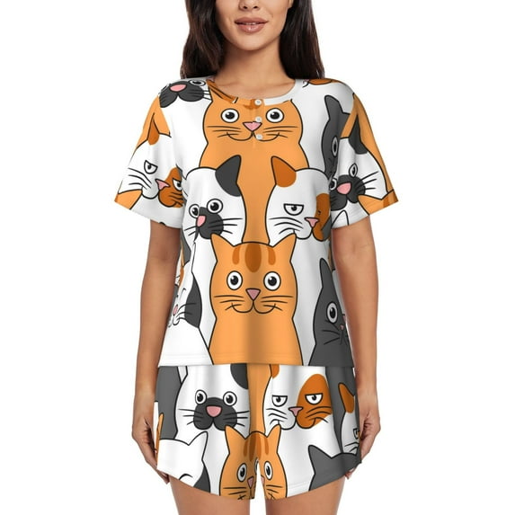 Bingfone Funny Cats Print Pajamas Sets for Women Soft Short-Sleeved Pjs with Lounge Shorts Two Piece Sleepwear
