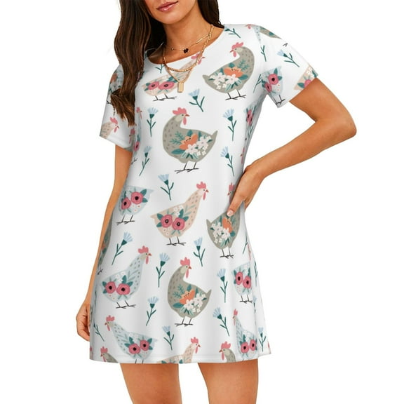 Bingfone Funny Chicken Nightgowns for Women Sleep Shirts Short Sleeve Nightshirt Pullover Nightdress Soft Sleepwear