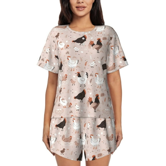 Bingfone Funny Chicken Print Pajamas Sets for Women Soft Short-Sleeved Pjs with Lounge Shorts Two Piece Sleepwear