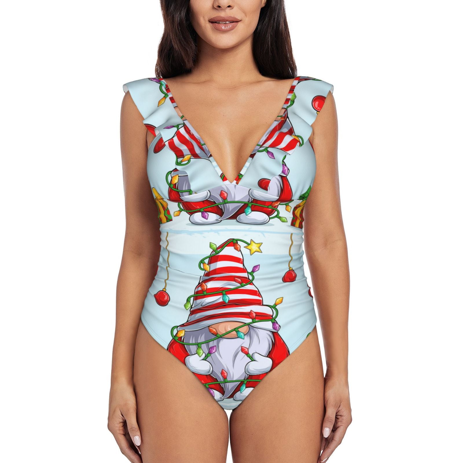 Bingfone Funny Christmas Gnome Print Women Ruffle One Piece Swimsuit
