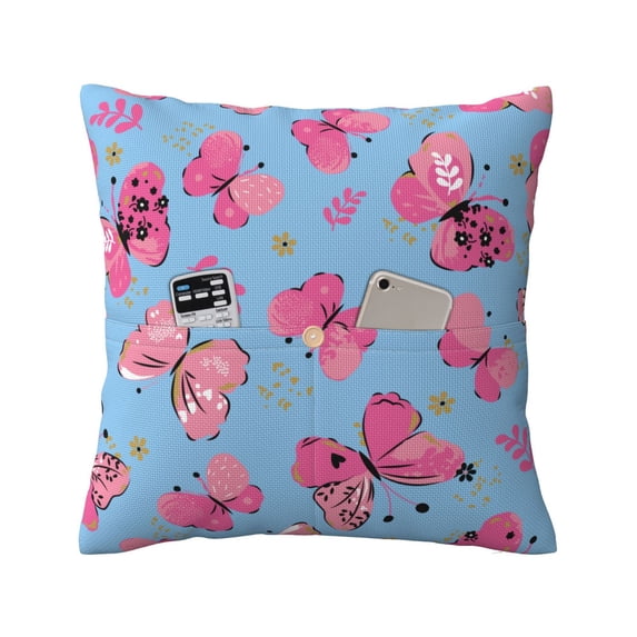 Bingfone Girl Butterfly Linen Throw Pillow Covers Cushion Case Pocket Button Vintage Farmhouse Pillowcase For Sofa Couch Bed 18"X18"
