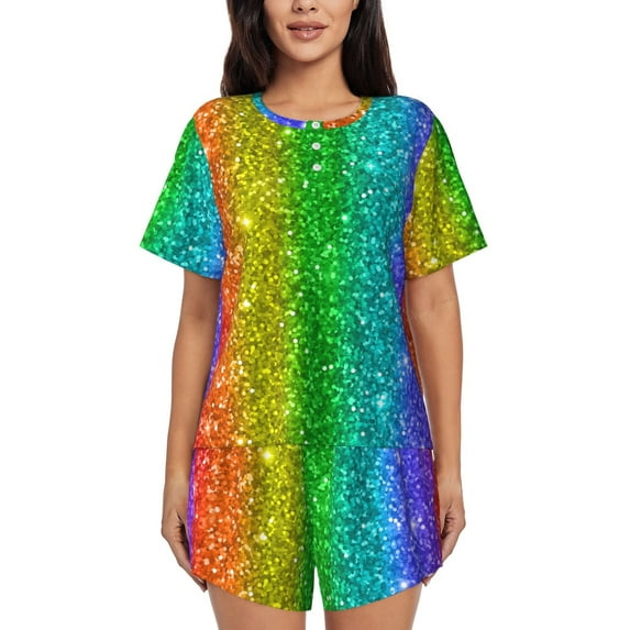 Bingfone Glitter Rainbow Print Pajamas Sets for Women Soft Short-Sleeved Pjs with Lounge Shorts Two Piece Sleepwear