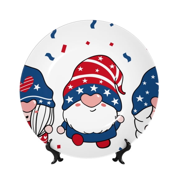 Bingfone Gnome Independence Day Print Bone China Dinner Decorative Plates,Handmade Ceramic Dinner Plate with Stand for Home Club-6in