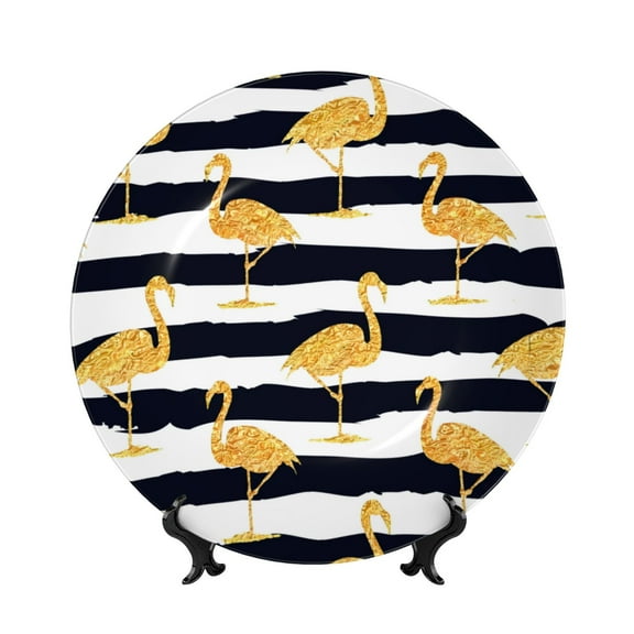 Bingfone Gold Flamingo Print Bone China Dinner Decorative Plates,Handmade Ceramic Dinner Plate with Stand for Home Club-6in