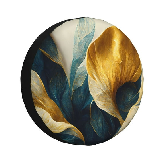 Bingfone Golden Blue Leaf Design Spare Tire Cover Weatherproof Universal Wheel Protectors for RV Camper Travel Trailer SUV Truck-16 inch