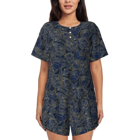 Bingfone Golden Peonies Print Pajamas Sets for Women Soft Short-Sleeved Pjs with Lounge Shorts Two Piece Sleepwear