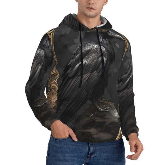 Bingfone Gothic Raven Portrait Men's Drawstring Hoodie Long Sleeve Pocket Sweatshirts-Large