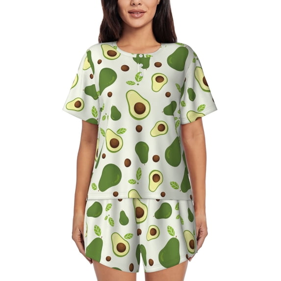 Bingfone Green Avocado Print Pajamas Sets for Women Soft Short-Sleeved Pjs with Lounge Shorts Two Piece Sleepwear