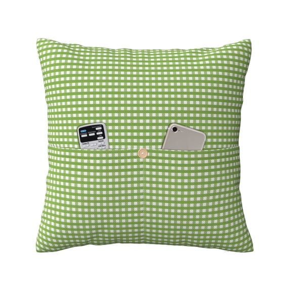 Bingfone Green Gingham Linen Throw Pillow Covers Cushion Case Pocket Button Vintage Farmhouse Pillowcase for Sofa Couch Bed 20"x20"