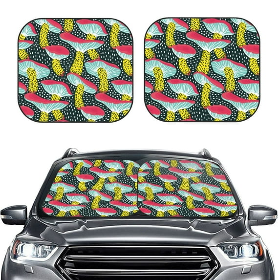 Bingfone Green Mushroom Print 2-Piece Sun Shade Front Windshield - Foldable Car Front Window Sunshades For Most Sedans Suv Truck - Small