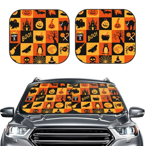 Bingfone Halloween Banner Symbols Print 2-Piece Sun Shade Front Windshield - Foldable Car Front Window Sunshades For Most Sedans Suv Truck - Medium