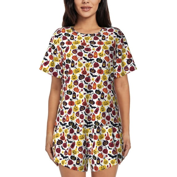 Bingfone Halloween Pumpkin Print Pajamas Sets for Women Soft Short-Sleeved Pjs with Lounge Shorts Two Piece Sleepwear