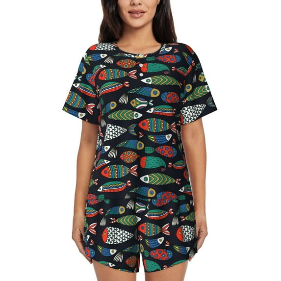 Bingfone Hand Drawn Colorful Fishes Print Pajamas Sets for Women Soft Short-Sleeved Pjs with Lounge Shorts Two Piece Sleepwear