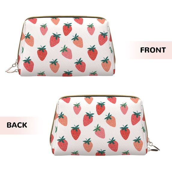 Bingfone Hand Drawn Strawberry Print Leather Makeup Bag, Portable Hand-held Zipper Female Cosmetic Bag Toiletry Bag, Suitable for Home and Travel