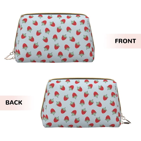 Bingfone Hand Drawn Strawberry Print Leather Makeup Bag, Portable Hand-held Zipper Female Cosmetic Bag Toiletry Bag, Suitable for Home and Travel