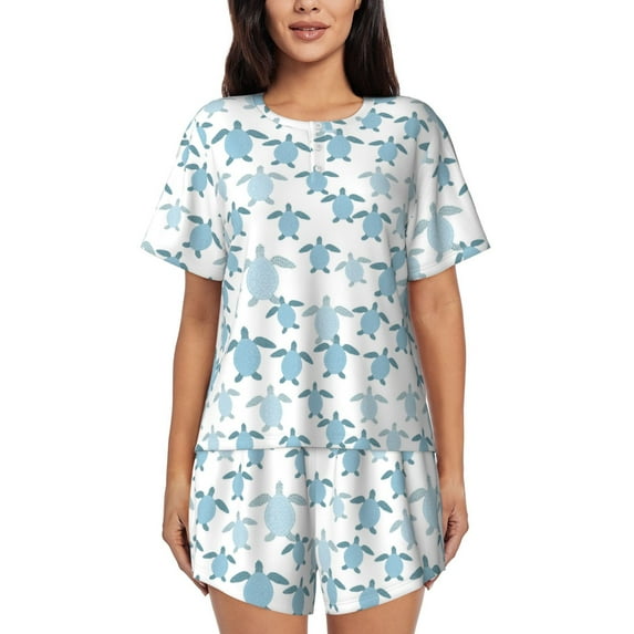 Bingfone Hand Drawn Turtle Print Pajamas Sets for Women Soft Short-Sleeved Pjs with Lounge Shorts Two Piece Sleepwear
