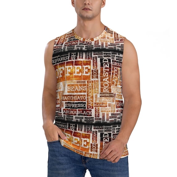 Bingfone Hand Drawn Vintage Coffee Pattern Men's Tank Tops Workout Sleeveless Tee Shirts Running Beach Tanks for Men-Large