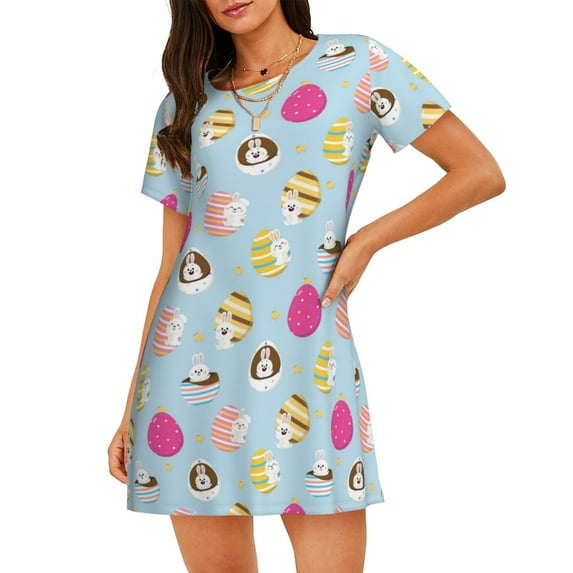 Bingfone Happy Easter Nightgowns for Women Sleep Shirts Short Sleeve Nightshirt Pullover Nightdress Soft Sleepwear