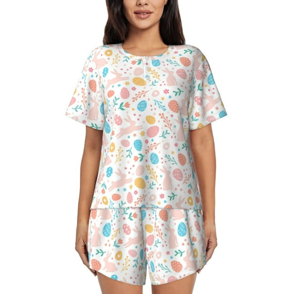 Bingfone Happy Easter Print Pajamas Sets for Women Soft Short-Sleeved Pjs with Lounge Shorts Two Piece Sleepwear