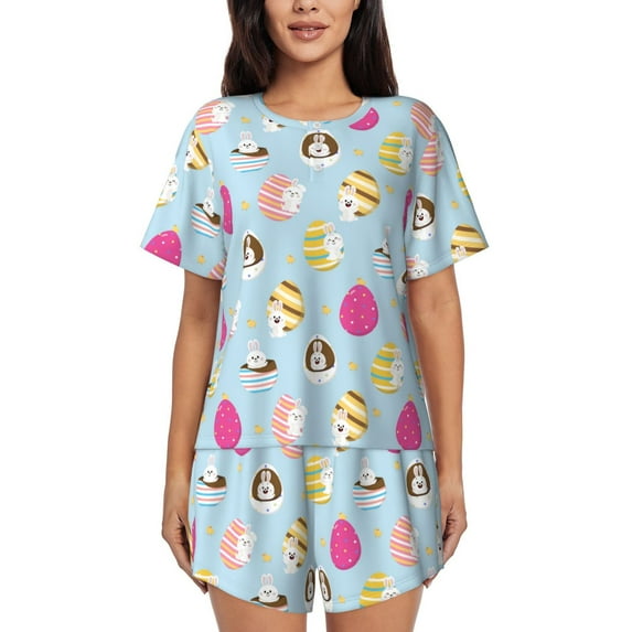 Bingfone Happy Easter Print Pajamas Sets for Women Soft Short-Sleeved Pjs with Lounge Shorts Two Piece Sleepwear