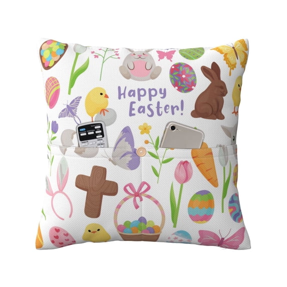 Bingfone Happy Easter1 Linen Throw Pillow Covers Cushion Case Pocket Button Vintage Farmhouse Pillowcase For Sofa Couch Bed 20"X20"