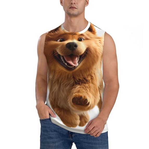 Bingfone Happy Fluffy Running Dog Pattern Men's Tank Tops Workout Sleeveless Tee Shirts Running Beach Tanks for Men-X-Large