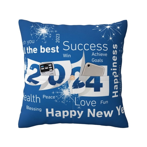 Bingfone Happy New Year 2024 (4) Linen Throw Pillow Covers Cushion Case Pocket Button Vintage Farmhouse Pillowcase for Sofa Couch Bed 16"x16"