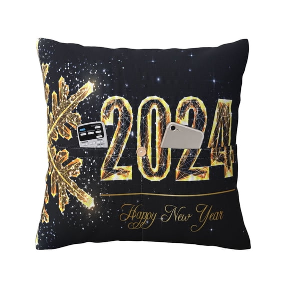 Bingfone Happy New Year 2024 (5) Linen Throw Pillow Covers Cushion Case Pocket Button Vintage Farmhouse Pillowcase for Sofa Couch Bed 16"x16"