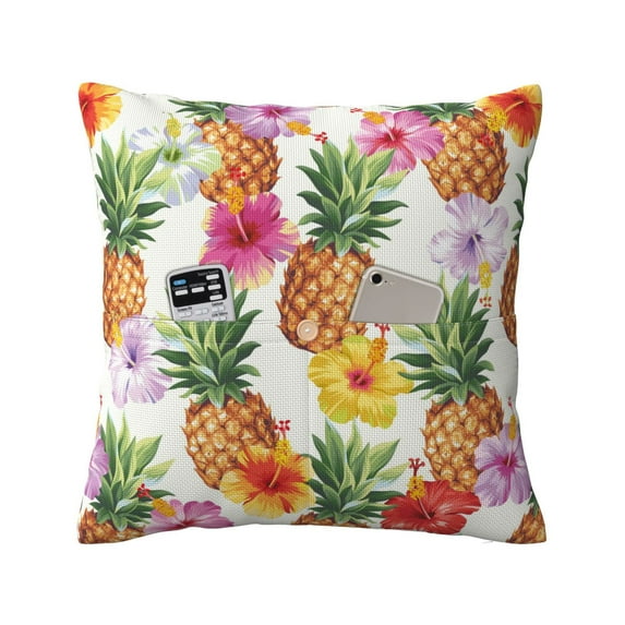 Bingfone Hawaiian Pineappl Linen Throw Pillow Covers Cushion Case Pocket Button Vintage Farmhouse Pillowcase for Sofa Couch Bed 18"x18"