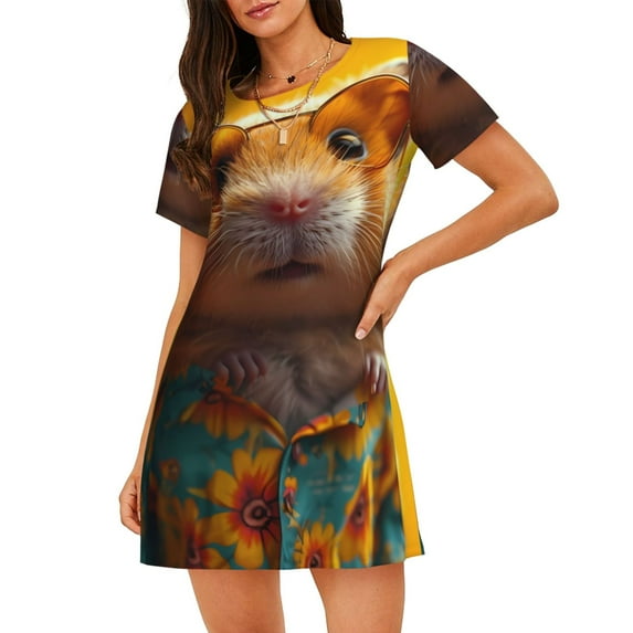 Bingfone Hawaiian Style Guinea Pig Nightgowns for Women Sleep Shirts Short Sleeve Nightshirt Pullover Nightdress Soft Sleepwear