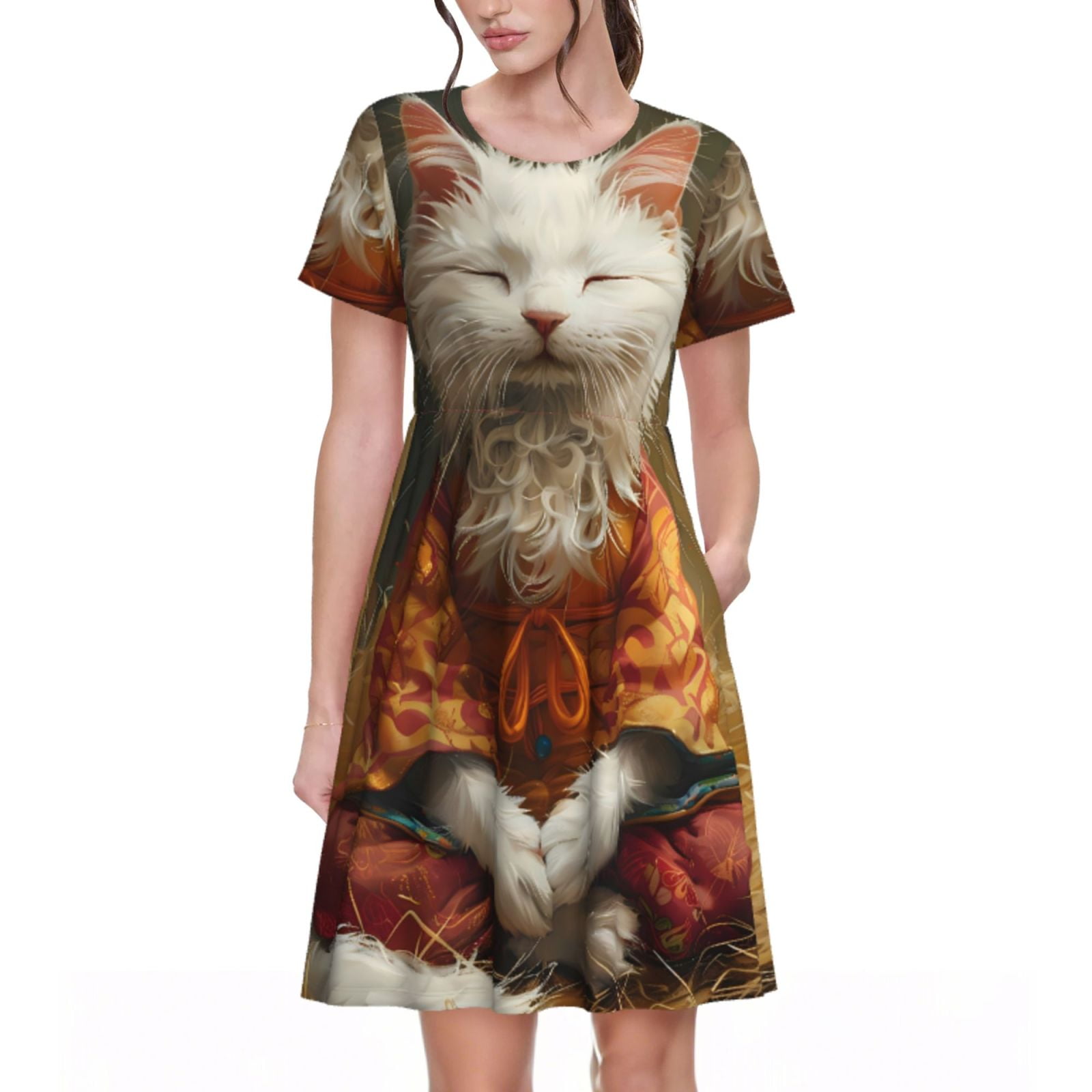 Bingfone Haystack Meditating Cat Print Women’s Short Sleeve Dress ...