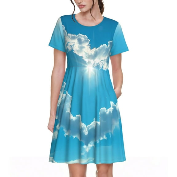 Bingfone Heart Shaped Cloud Print Women’s Short Sleeve Dress, Comfortable Casual Dress, Stylish Summer Dress with Stretchy Fit for Daily Wear