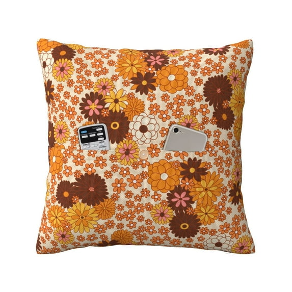 Bingfone Hippie Ditsy Floral Linen Throw Pillow Covers Cushion Case Pocket Button Vintage Farmhouse Pillowcase for Sofa Couch Bed 16"x16"