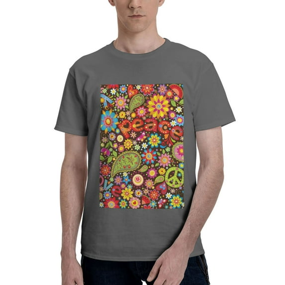 Bingfone Hippie Peace Love Men'S Loose Fit Short-Sleeve Pocket T-Shirt