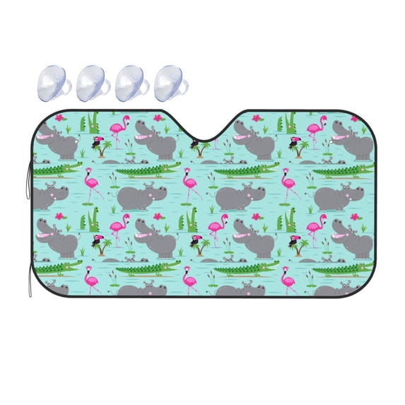 Bingfone Hippo With Flamingos And Crocodiles Car Windshield Sunshade,Sun Foldable Sun Shield Sun Visor for Car - Medium