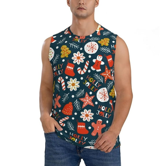 Bingfone Holiday Christmas Cookies Pattern Men's Tank Tops Workout Sleeveless Tee Shirts Running Beach Tanks for Men-Large