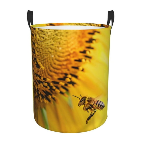 Bingfone Honey Bee Pollinating Sunflower Waterproof Foldable Laundry Hamper Bucket With Handles For Storage Bin,Clothes Hamper (Medium)