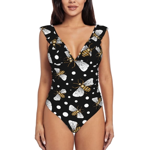 Bingfone Honey Bees at Night Print Women Ruffle One Piece Swimsuit Flounce Sleeve Swimwear V Neck Bathing Suit for Teen Girls - Medium