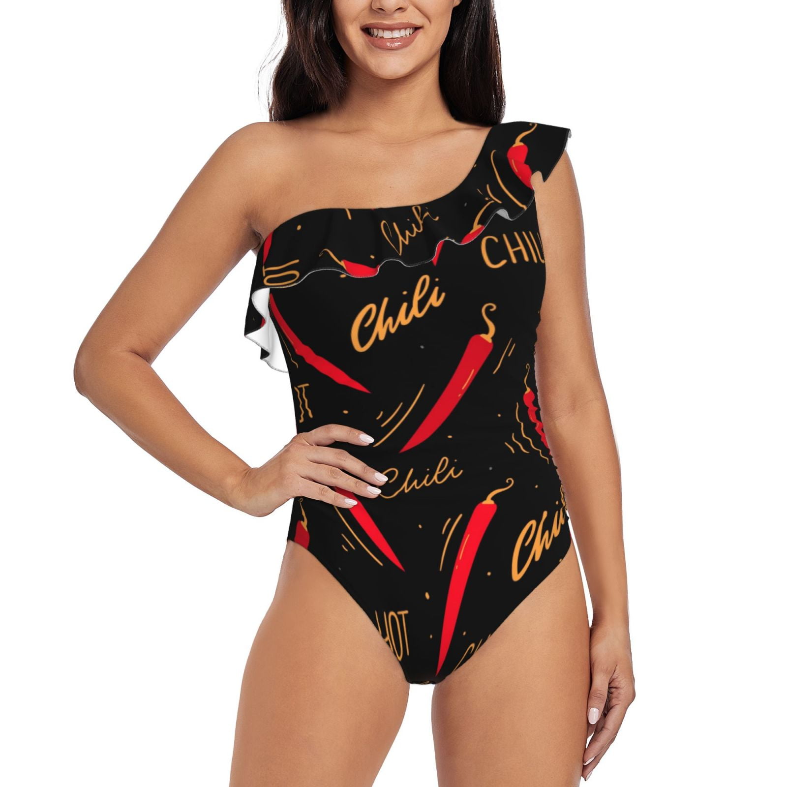 Bingfone Hot Chili Print Womens One Piece Swimsuits One Shoulder Ruffle