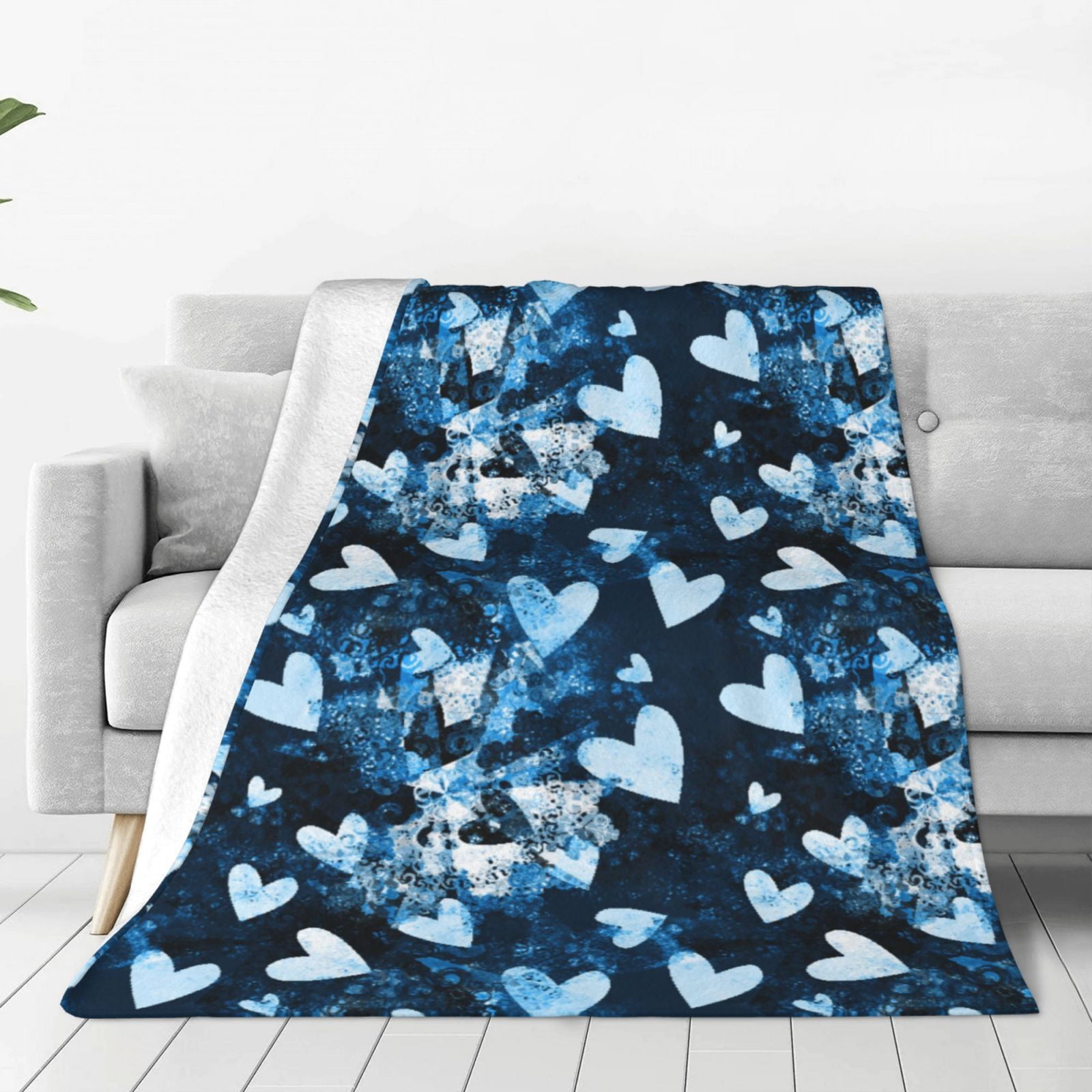 Bingfone Ice Blue Heart Print Flannel Fleece Blanket Throw Blanket for