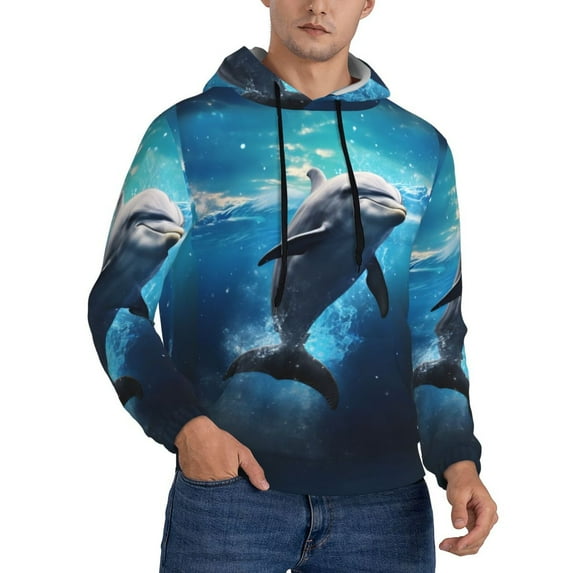 Bingfone Ice Blue Ocean Cute Dolphin Men's Drawstring Hoodie Long Sleeve Pocket Sweatshirts-XX-Large