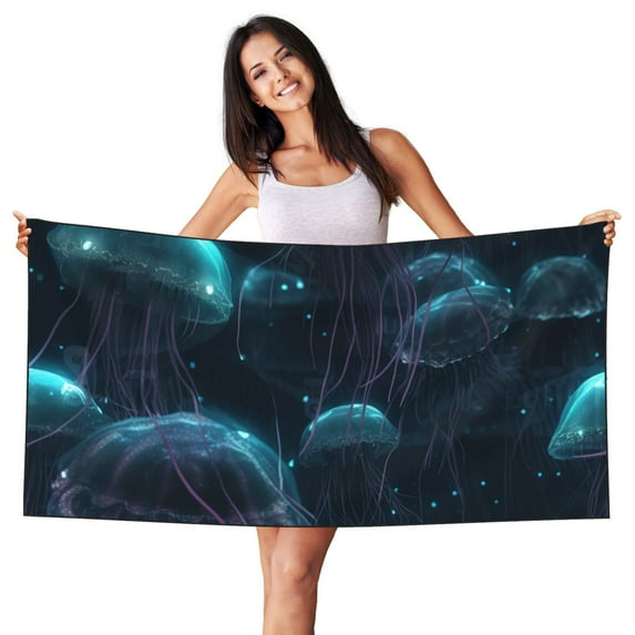Bingfone Ice blue light spot jellyfish Oversized 27.7x55 Inches Beach Towel, Super Absorbent Soft Plush Pool Towel, Bath Towel for Travel Sports Pool Swimming Bath Camping Yoga Girls Women Adults