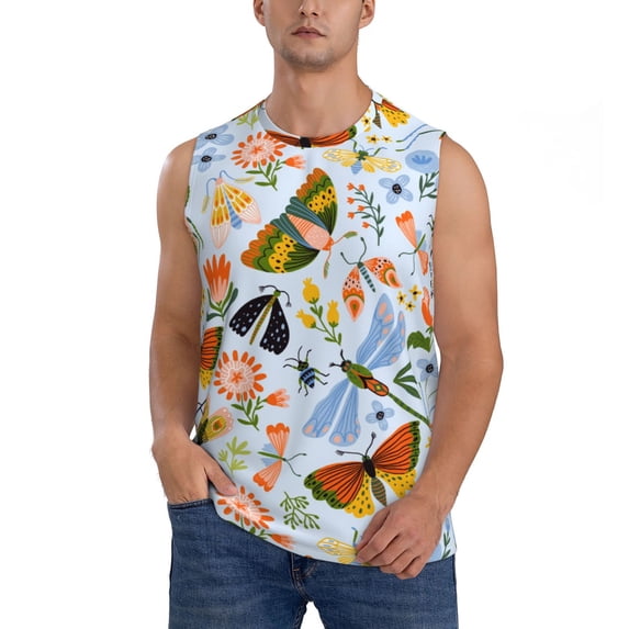 Bingfone Insects and Flowers Pattern Men's Tank Tops Workout Sleeveless Tee Shirts Running Beach Tanks for Men-Medium