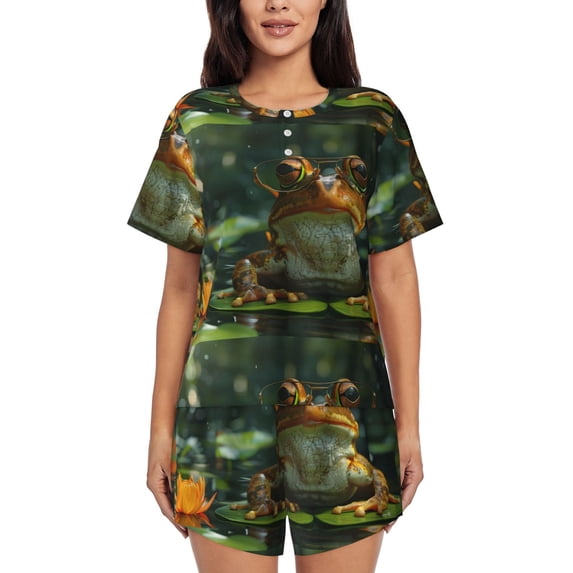 Bingfone Intellectual Frog Pond Print Pajamas Sets for Women Soft Short-Sleeved Pjs with Lounge Shorts Two Piece Sleepwear