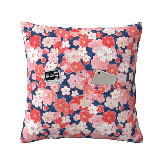 Bingfone Japanese Cherry Blossoms Linen Throw Pillow Covers Cushion Case Pocket Button Vintage Farmhouse Pillowcase-18"x18"