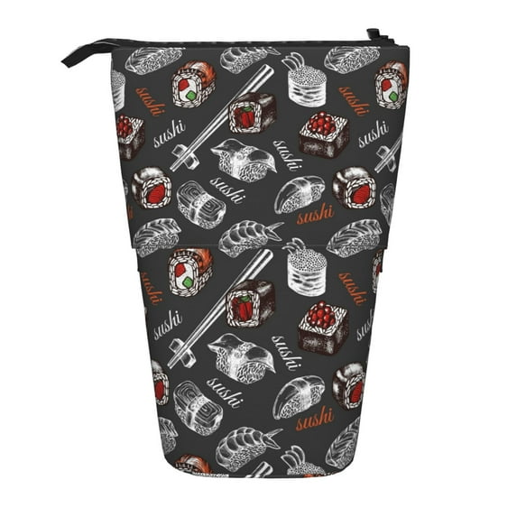 Bingfone Japanese Sushi Hashi Print Telescopic Pencil Bag Pen Holder Pop Up Stationery Case, Stand-up Retractable Transformer Bag Standing Organizer
