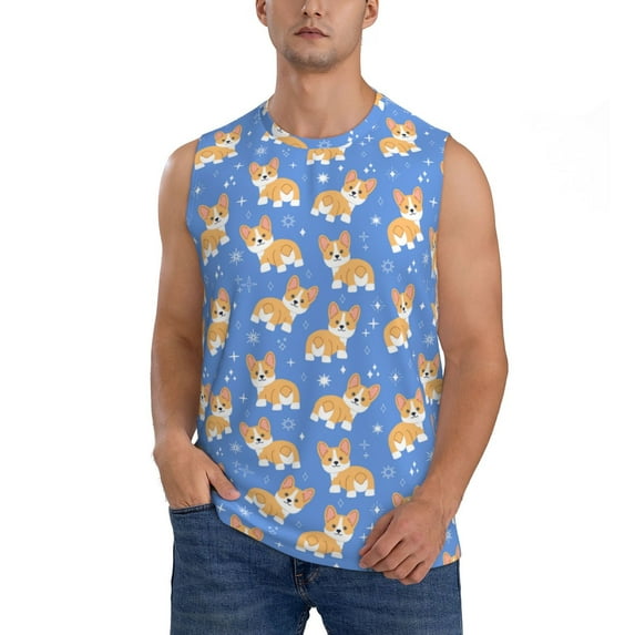 Bingfone Kawaii Corgi Pattern Men's Tank Tops Workout Sleeveless Tee Shirts Running Beach Tanks for Men-Medium
