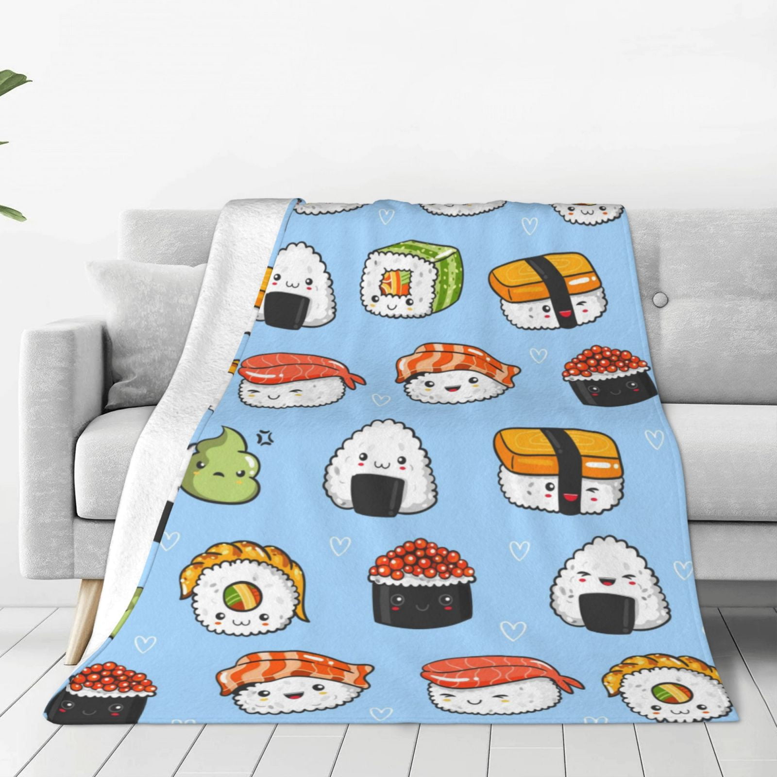 Bingfone Kawaii Sushi Print Flannel Fleece Blanket Throw Blanket For Bed,Sofa,Couch,Travel
